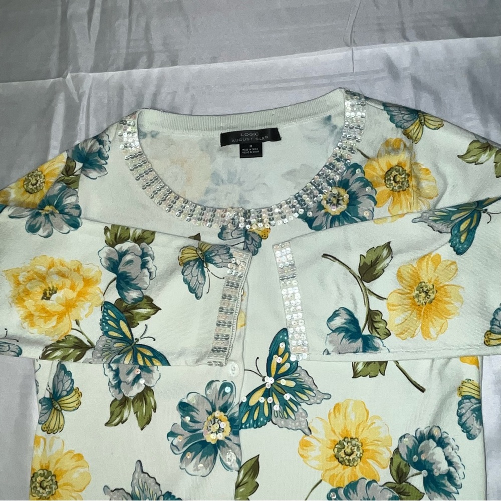 LOGIC August Silk Floral Embellished M Sweater Pale Green Yellow Grandma Core